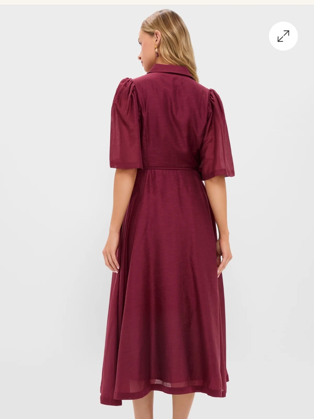 Women's Burgundy Midi Shirt Dress with Tie Waist and Puff Sleeves - Picture 3 of 6